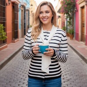Nicholai Black and White Striped Cardigan Button Up Sweater